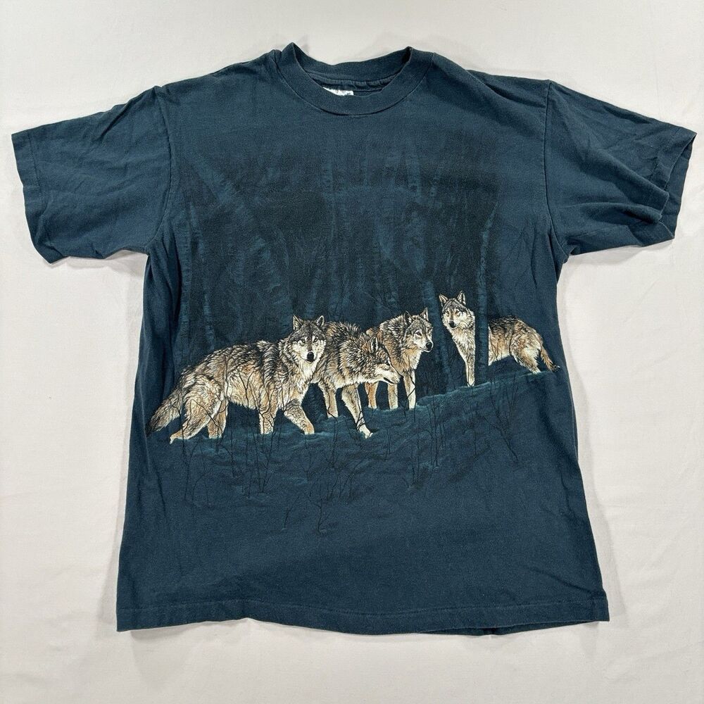 Vintage Wolf T Shirt Men’s Medium Teal Green  90’s USA